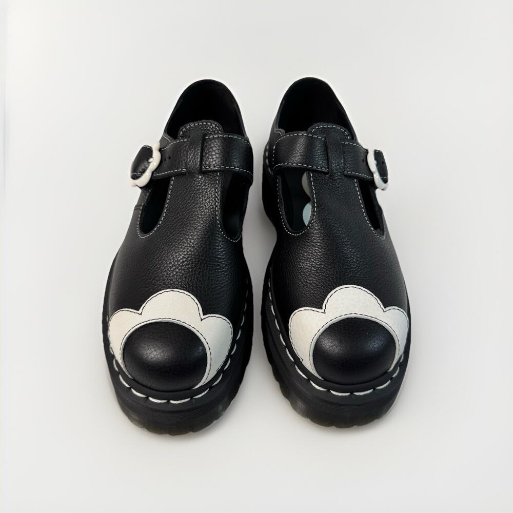 Dr. Martens Bethan Floral Pisa Mary Jane Platform Shoes Black White Leather Sz 8